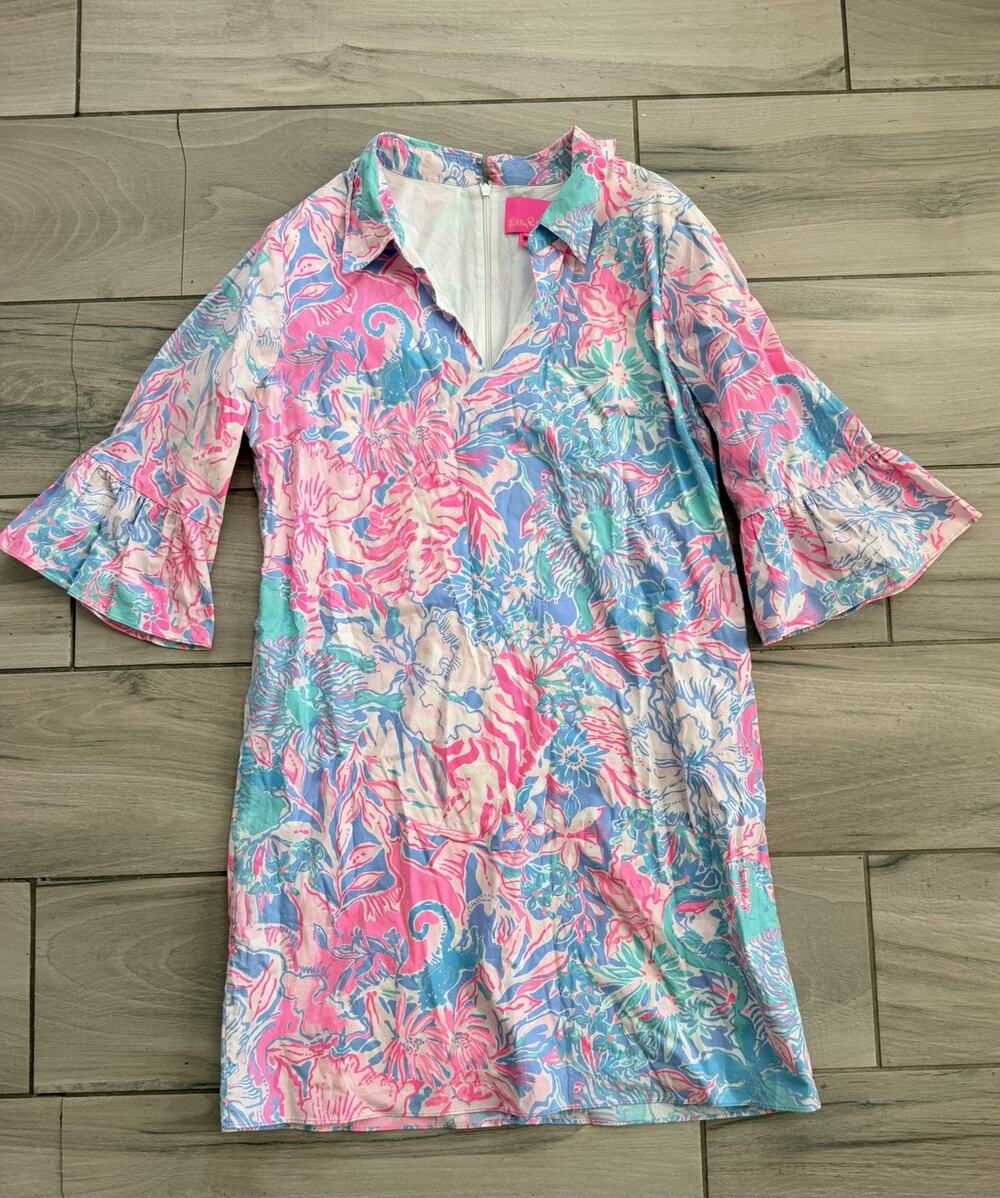 Lilly Pulitzer size 14 Ginger shift dress 3/4 bell sleeve blue Peri Viva la Lill
